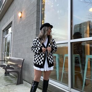 J ING - Black & White Checkered Cardigan Sweater XS/S/M